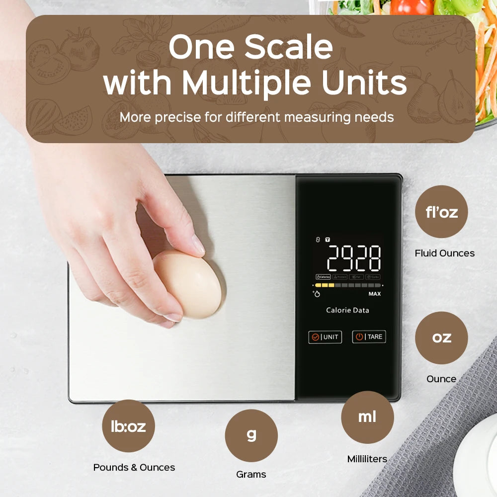 A hand places an egg on a digital kitchen scale displaying 29.28 fluid ounces and various unit options.