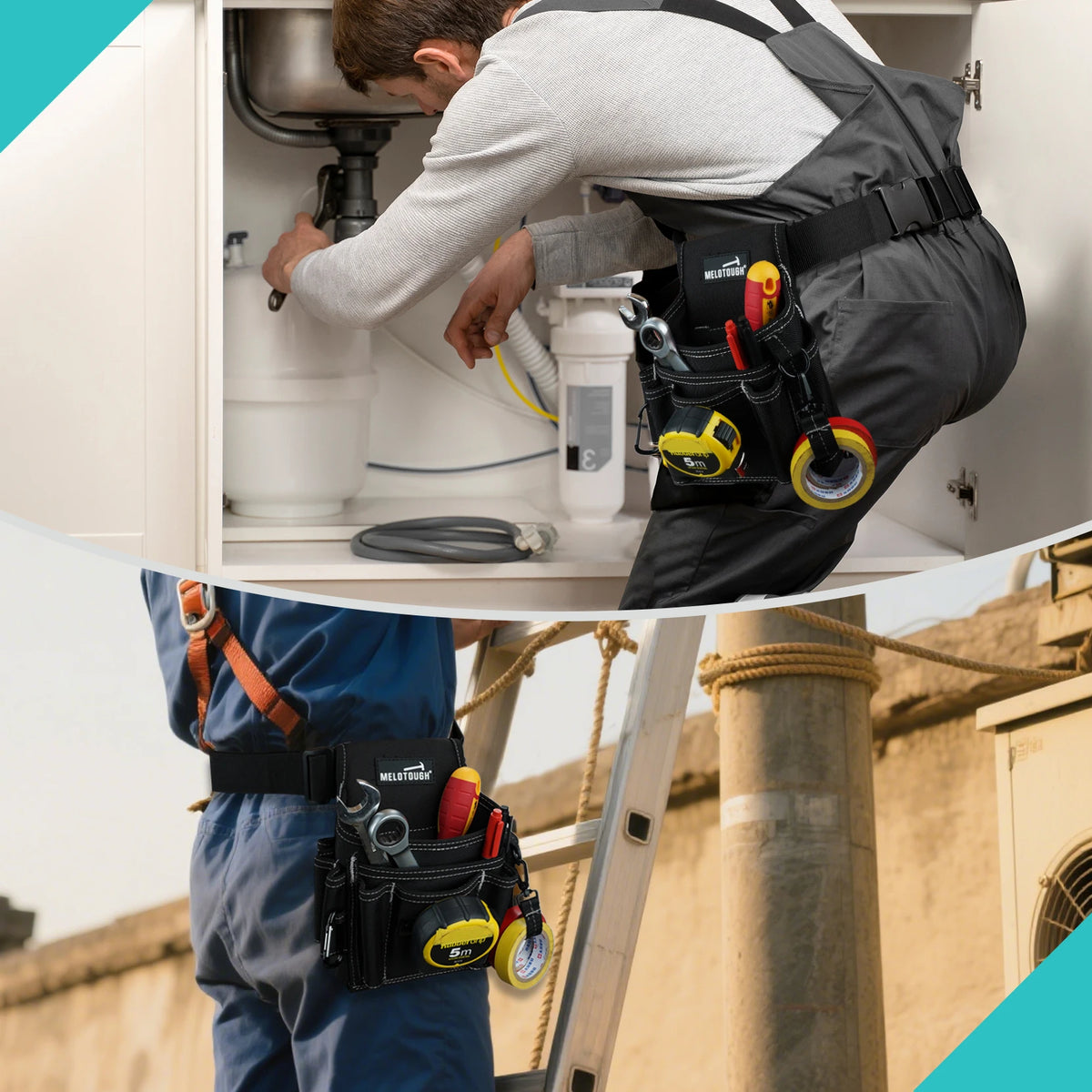 A person wearing a black tool belt and gloves is working inside a white cabinet, using an electrician tool.