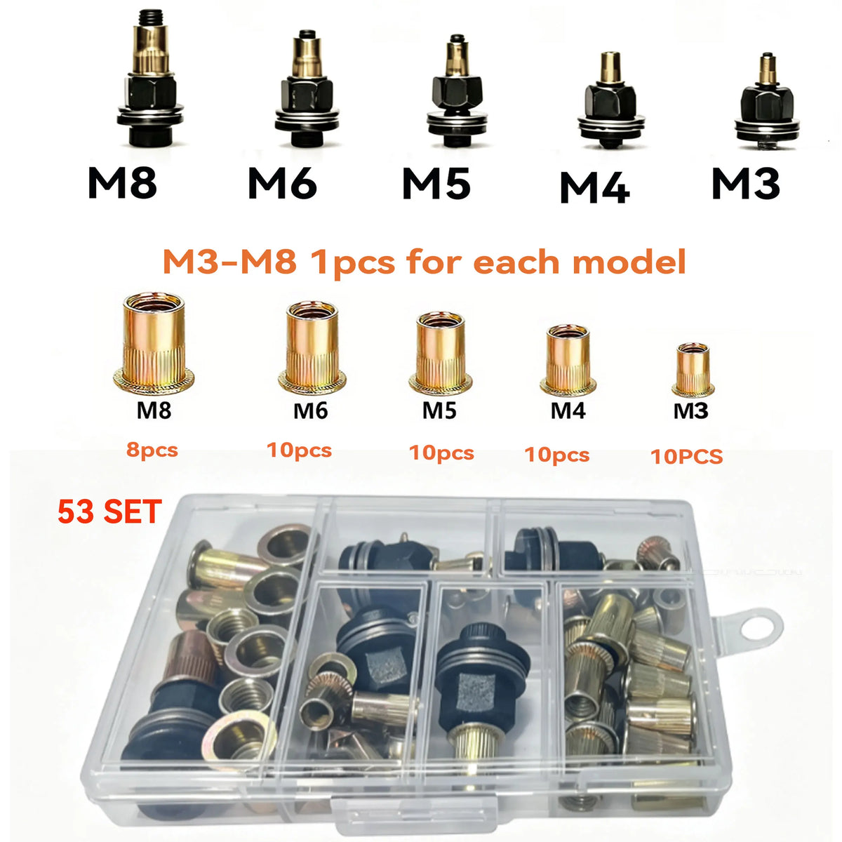 A set of M8 to M3 manual riveting tools and rivets for various nuts, packaged in a clear plastic box.