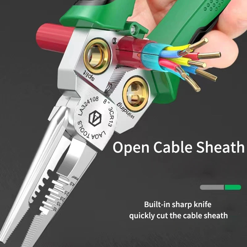 A close-up of a silver wire stripping tool with a green handle and multiple colored wires emerging from the tool's tip.