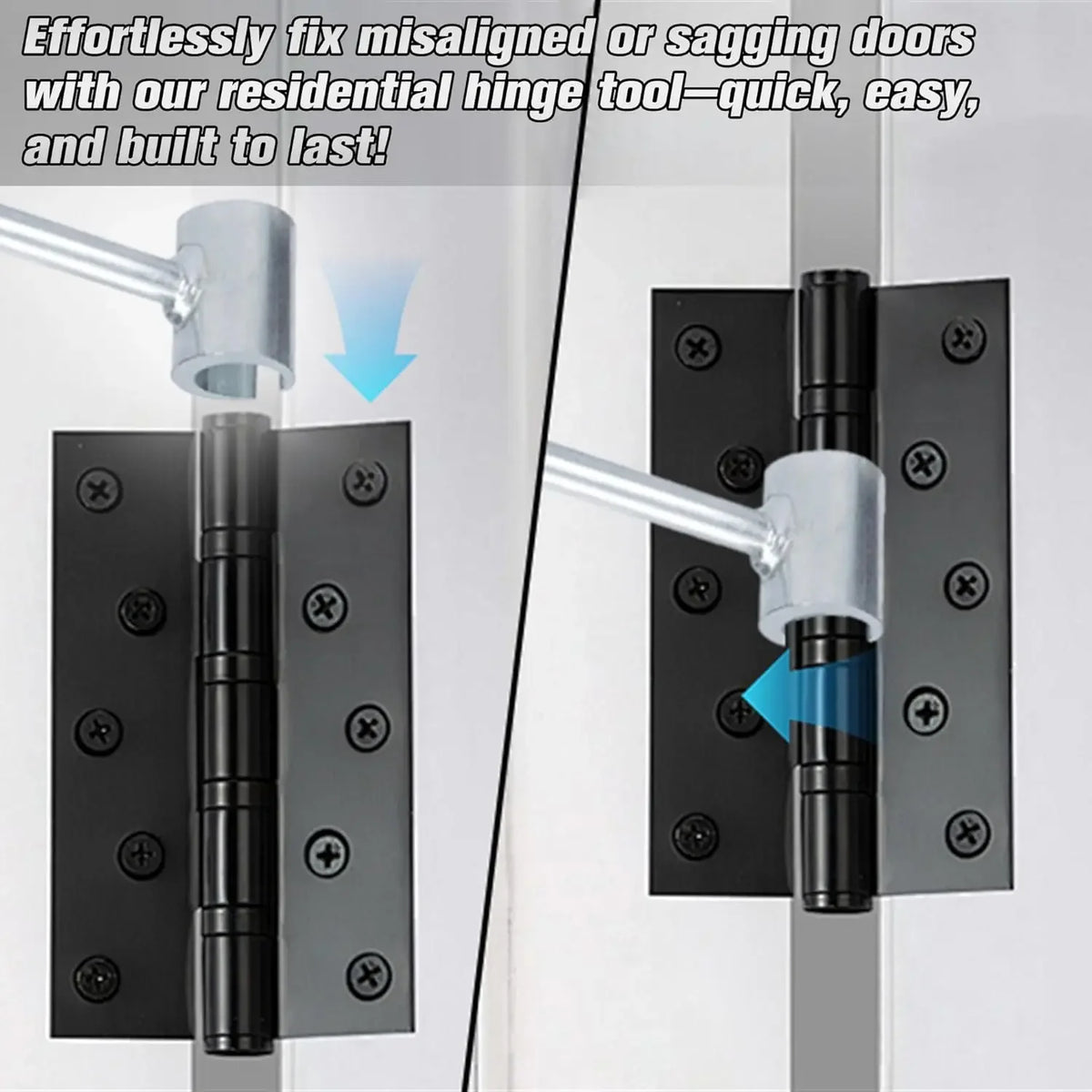 A residential hinge tool is shown fixing a door, demonstrating how to easily fix misaligned or sagging doors.