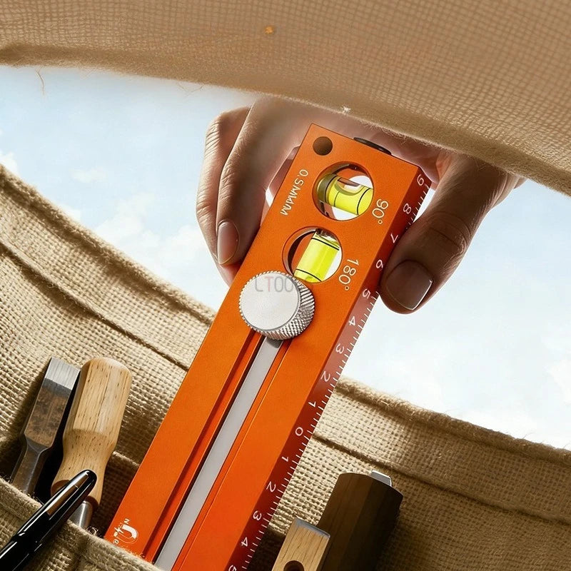 A hand holds an orange extendable multifunction scribing level ruler against a light-colored fabric background.