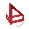 A red precision angle and layout ruler used for woodworking measurements.