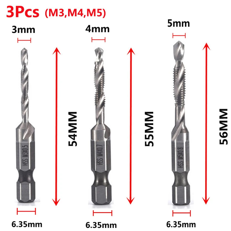 A set of three M3, M4, and M5 taps and drill bits with varying lengths and sizes shown next to a ruler.