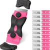 A pink and black multi-purpose adhesive remover scraper tool with a pull cap and blade visible.
