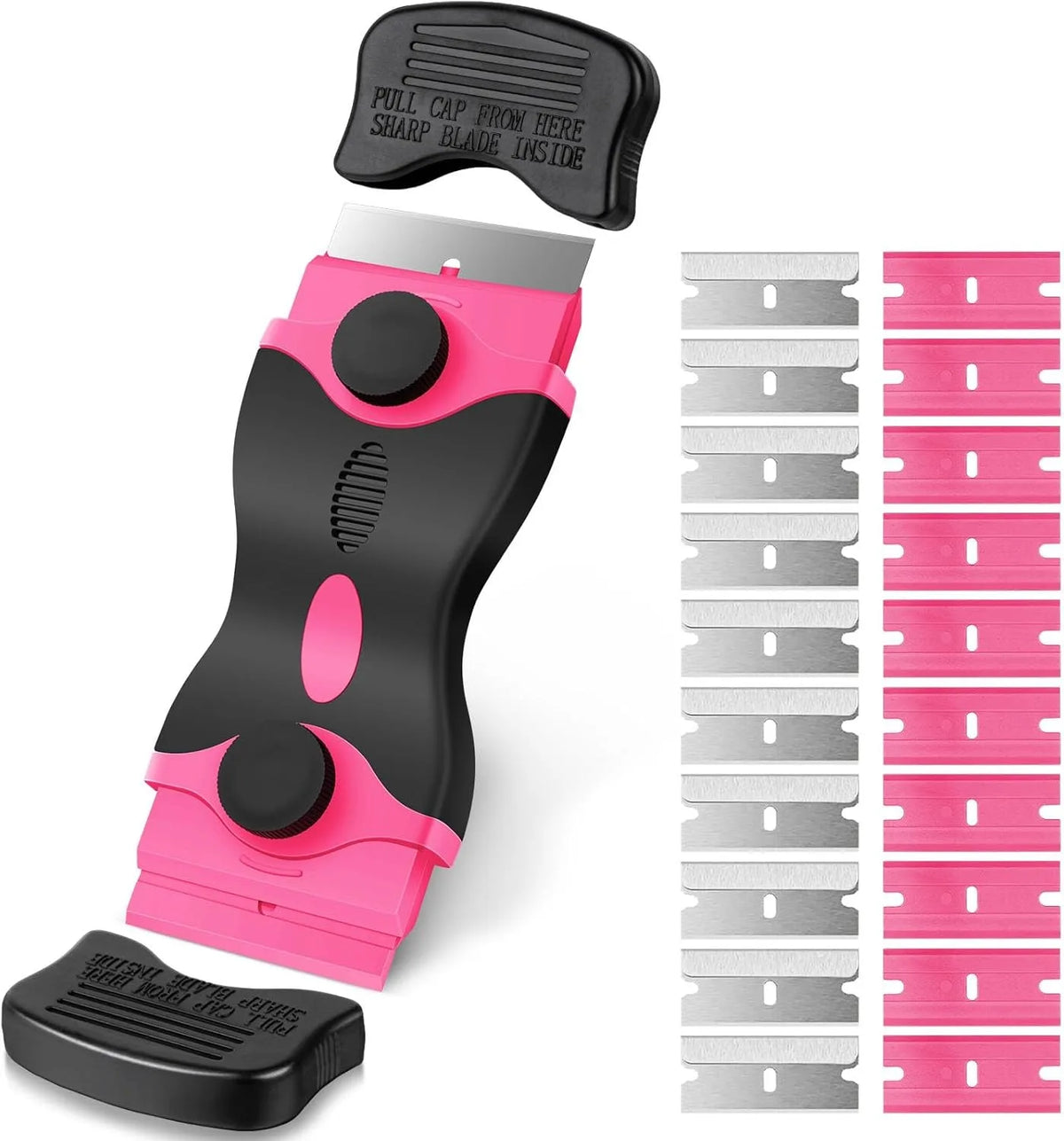 A pink and black multi-purpose adhesive remover scraper tool with a pull cap and blade visible.