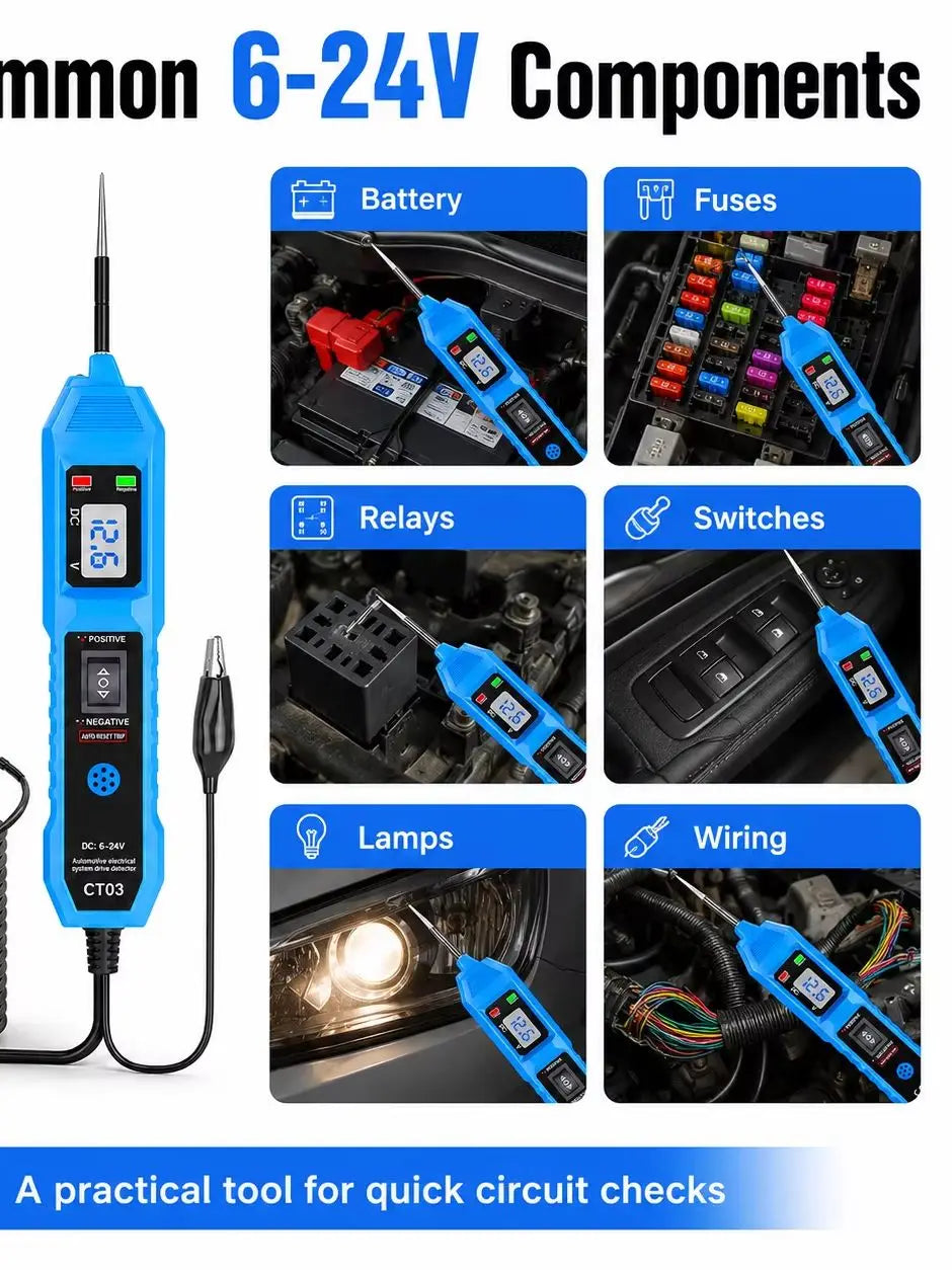 A digital automotive circuit tester tool with various components like battery, fuses, relays, switches, lamps, and wiring.