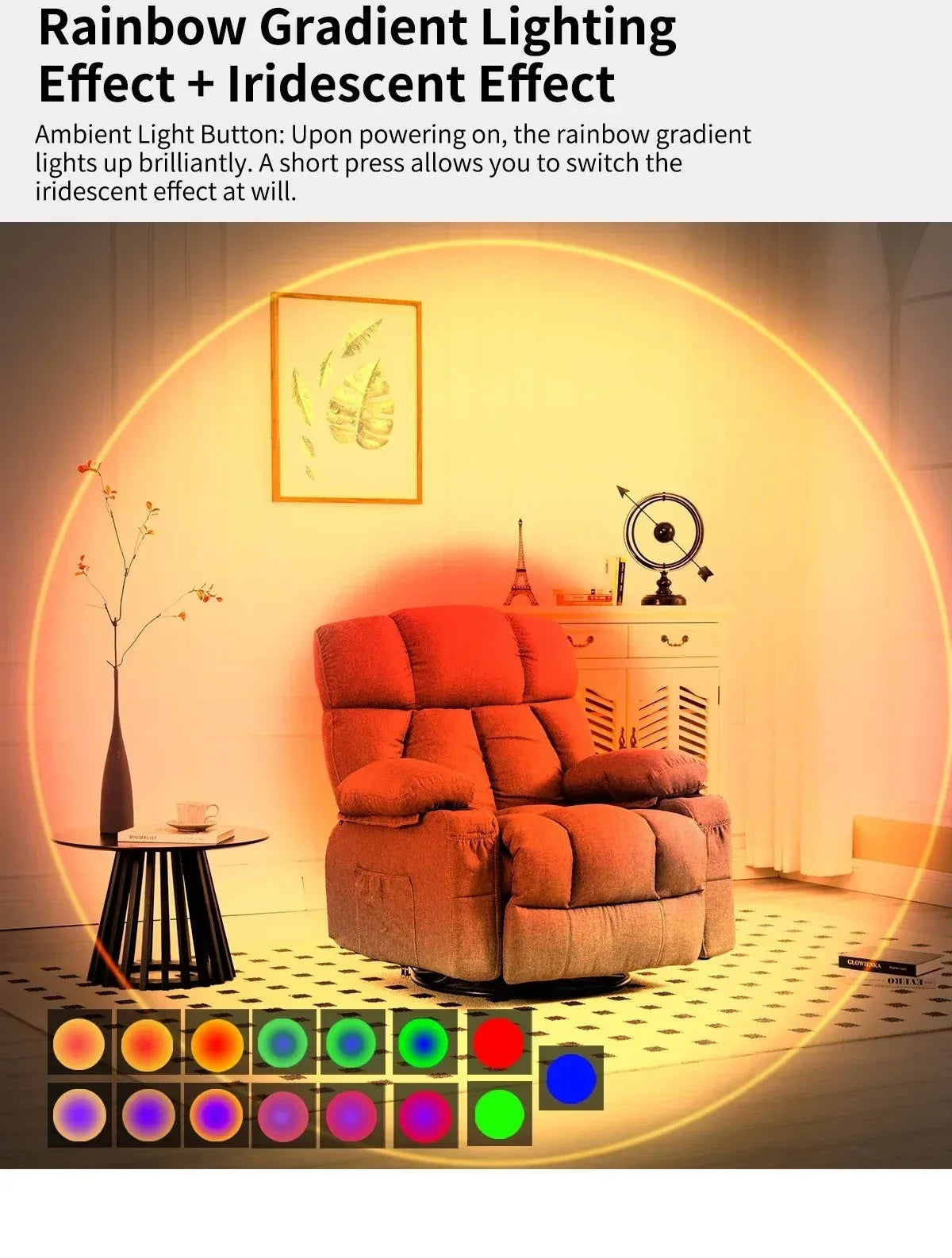 A red armchair is illuminated by a rainbow gradient light effect in a room, with a grid of colored lights on the floor.