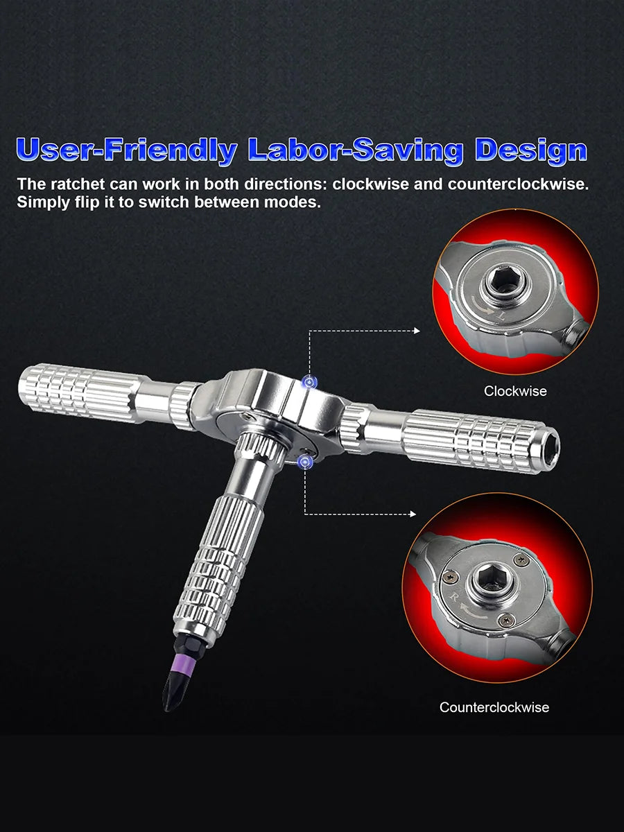 A silver precision multi-bit screwdriver set featuring a magnetic ratchet that can operate in both clockwise and counterclock