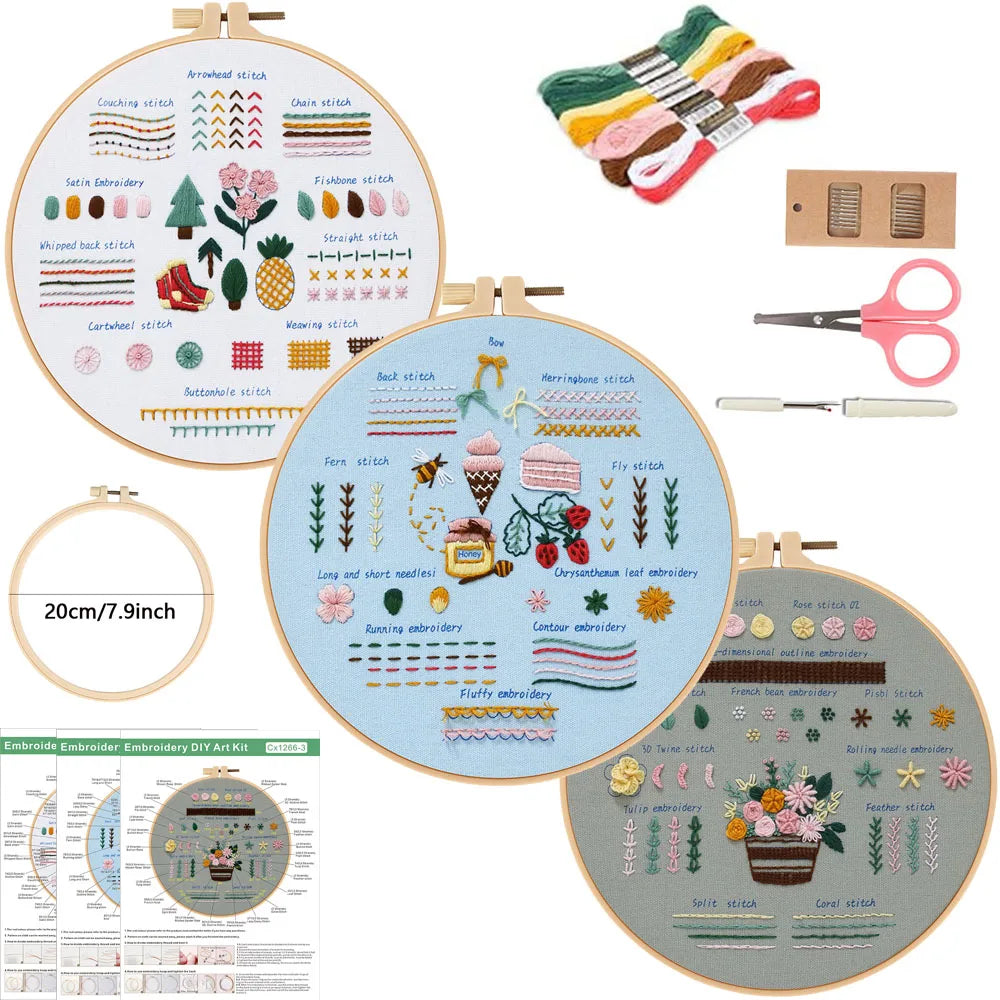 Beginner embroidery kit featuring various stitches like arrow stitch, chain stitch, and various embroidery designs on fabric.