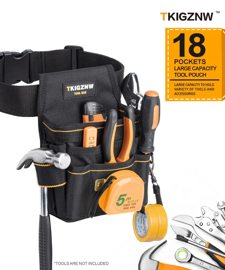 Black tool bag with 18 pockets and a large capacity tool pouch for DIY and gardening tools