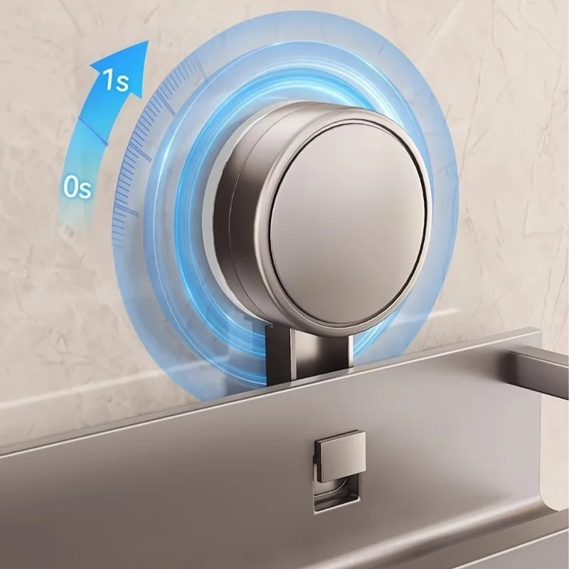 A shower caddy organizer is shown with a circular light effect indicating a 1-second operation time.