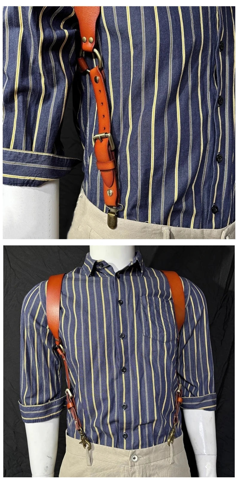 A man wearing a blue and yellow striped shirt with brown leather suspenders and light tan pants.