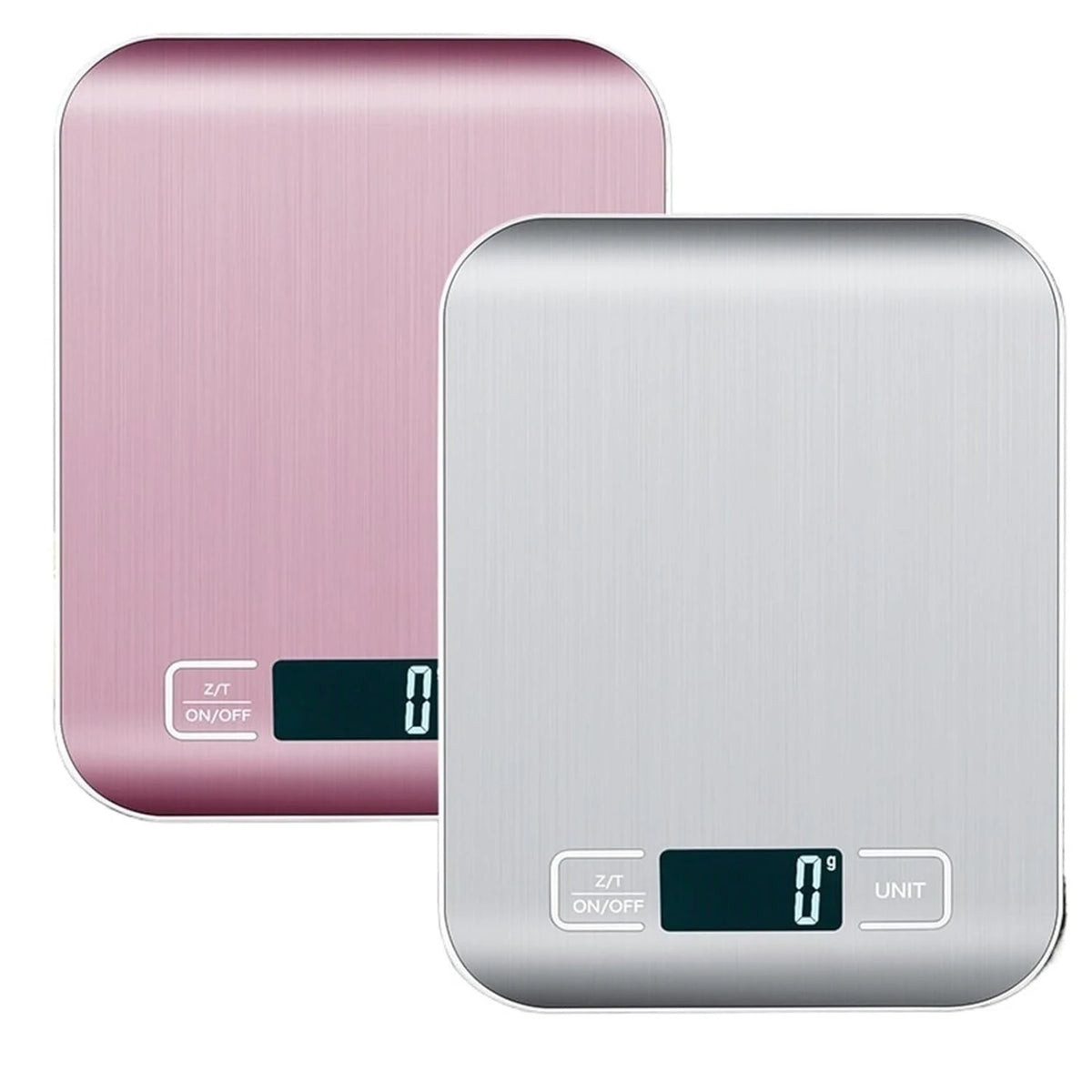 A precision digital kitchen scale shown in two colors, rose gold and silver.