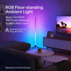 An RGB floor-standing ambient light illuminates a living room, displaying various color modes and control options.