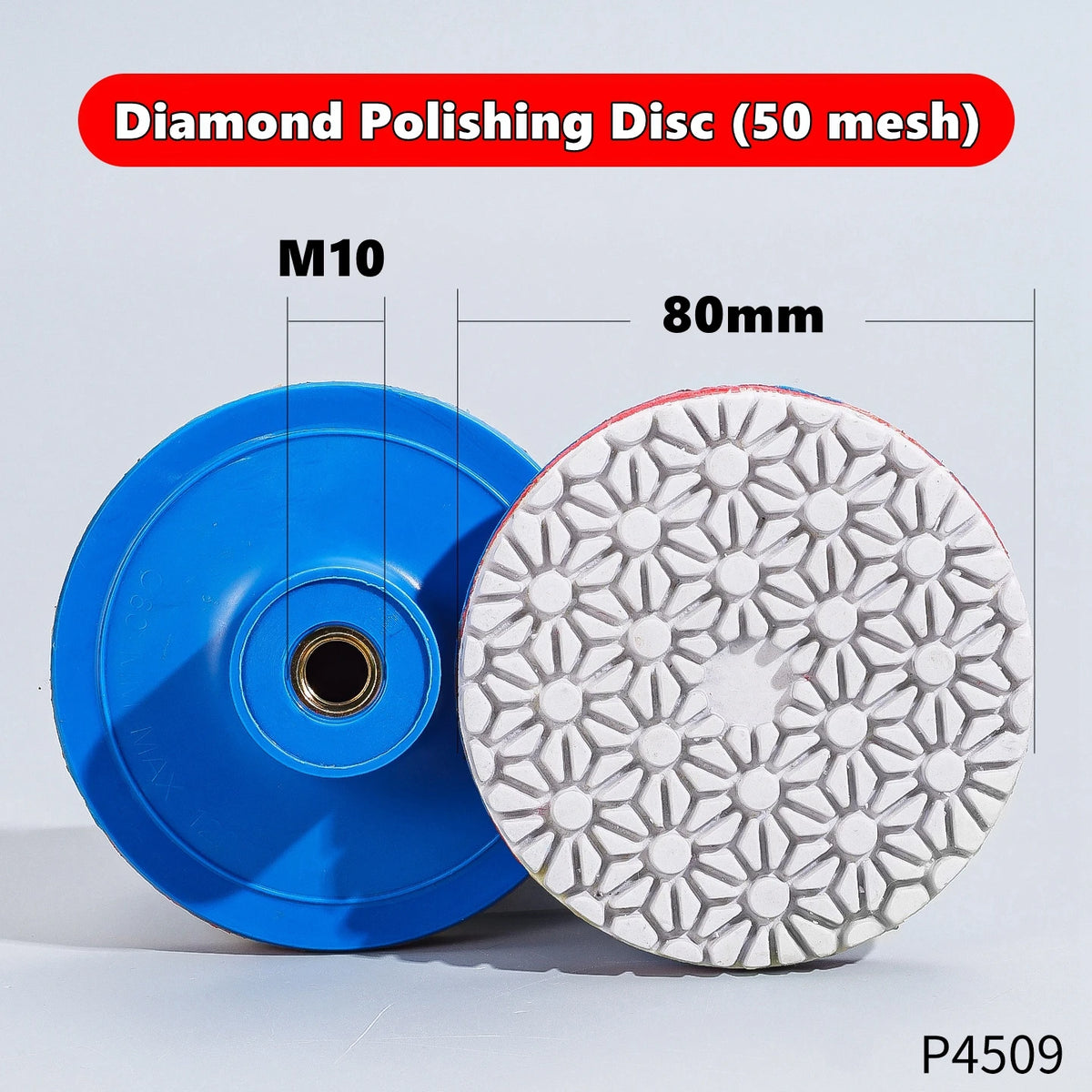 A blue M10 diamond polishing disc and a white 50 mesh polishing disc are shown.