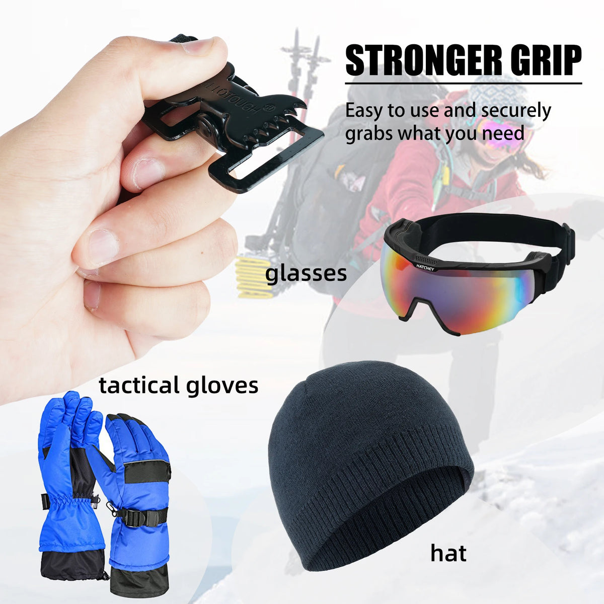 A hand grips a black tactical glove clip, demonstrating a stronger grip for securing gloves on a belt.