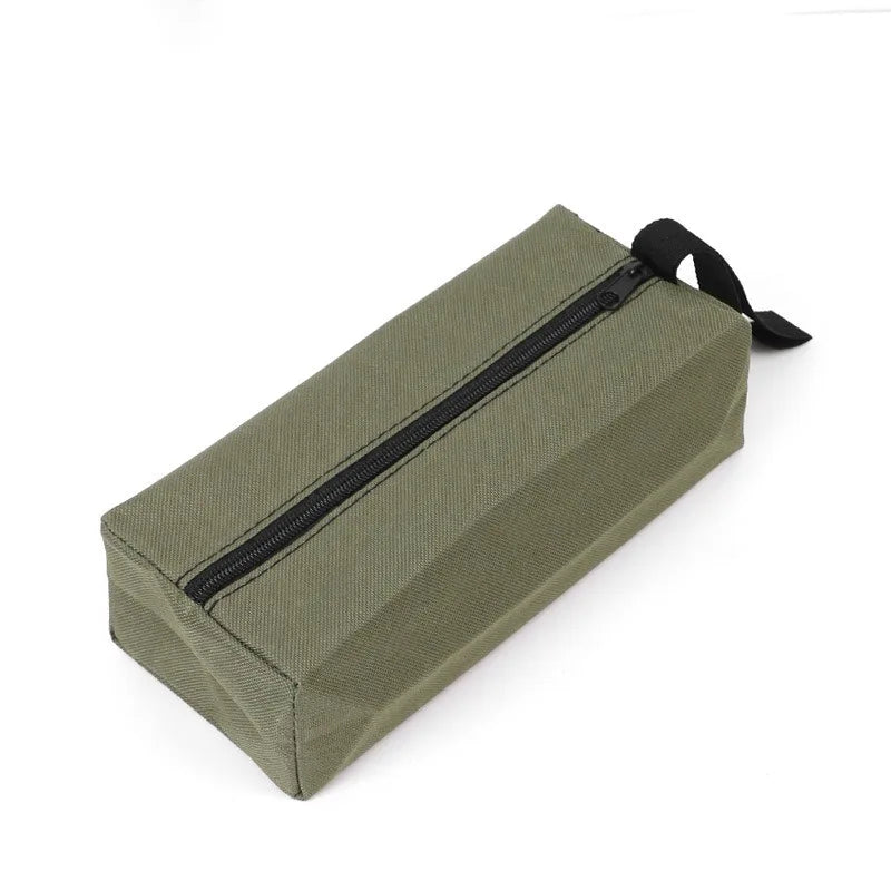 Olive green Oxford cloth hand-held storage bag with a black zipper and strap.