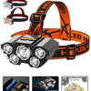 Orange and black LED headlamp with multiple lighting modes and a built-in 18650 battery.