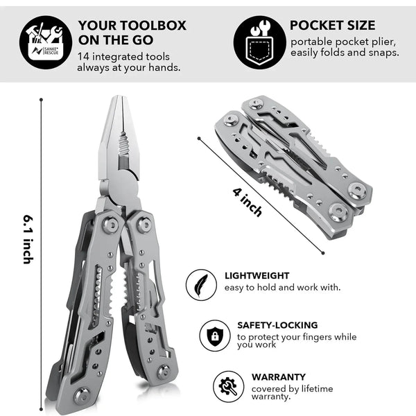 A set of 14 integrated tools including a pocket size portable pocket pliers and knife.