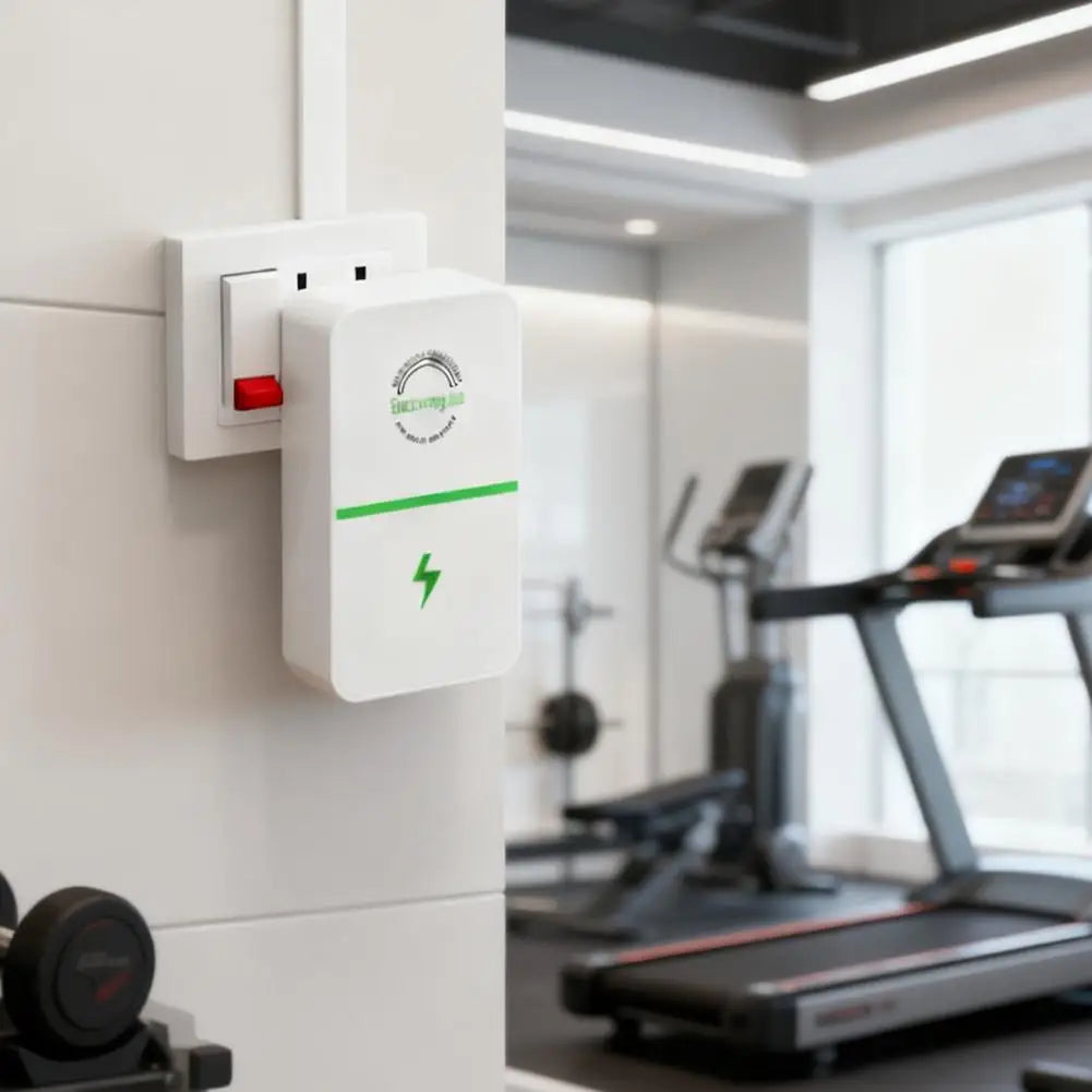 Ein weißer universeller Spannungsstabilisatoradapter ist an einer weißen Wand in einem Fitnessstudio montiert.