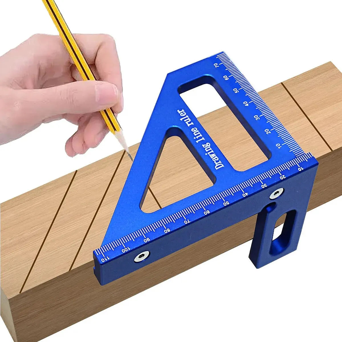 A hand holds a yellow pencil drawing a line on a blue precision angle and layout square for woodworking.