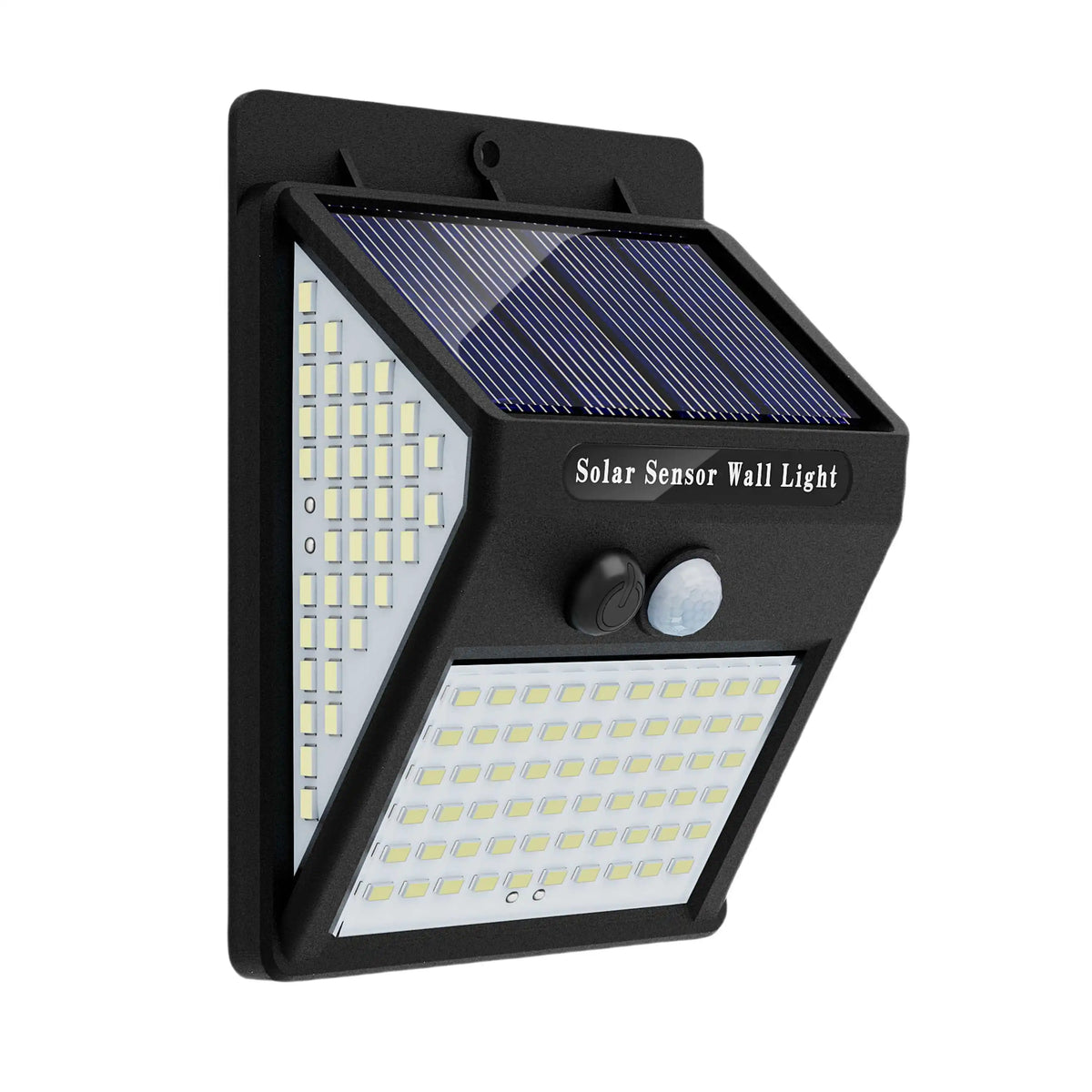 A black solar sensor wall light featuring a glass panel and an LED light array.