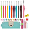 A set of 31 ergonomic crochet hooks in various colors and sizes displayed next to a teal zippered pouch.