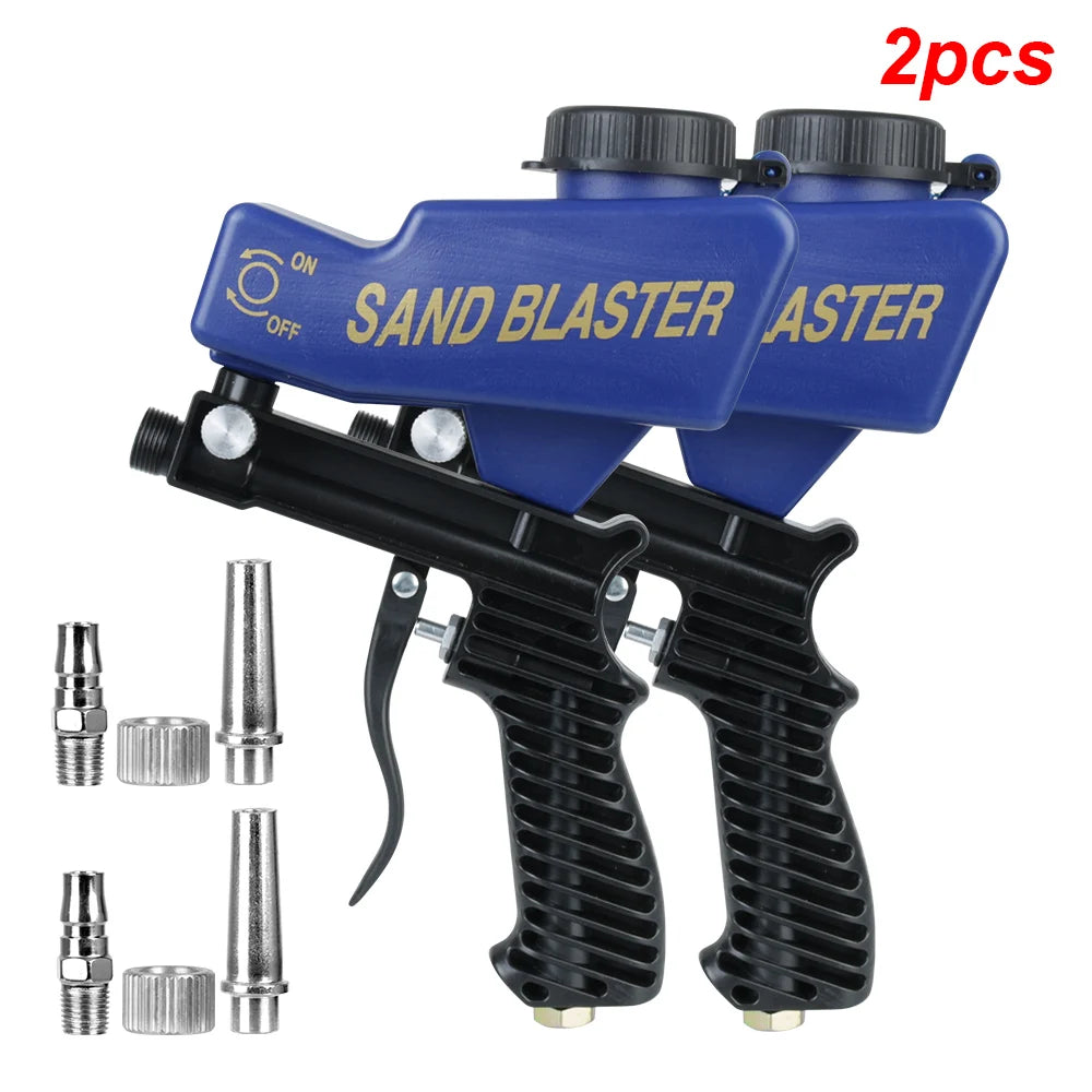 Two blue pneumatic sandblaster guns and various related nozzles are shown.