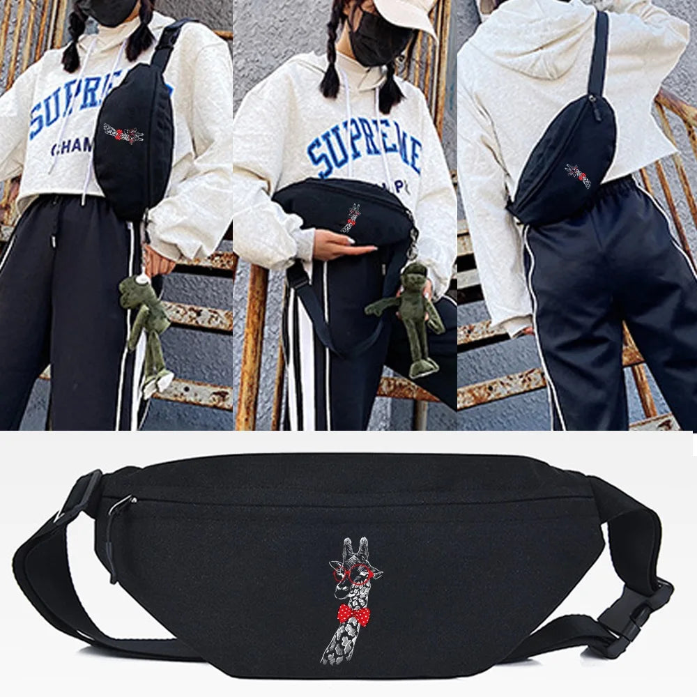 Black linen crossbody waist bag featuring a detailed animal design worn by a person.