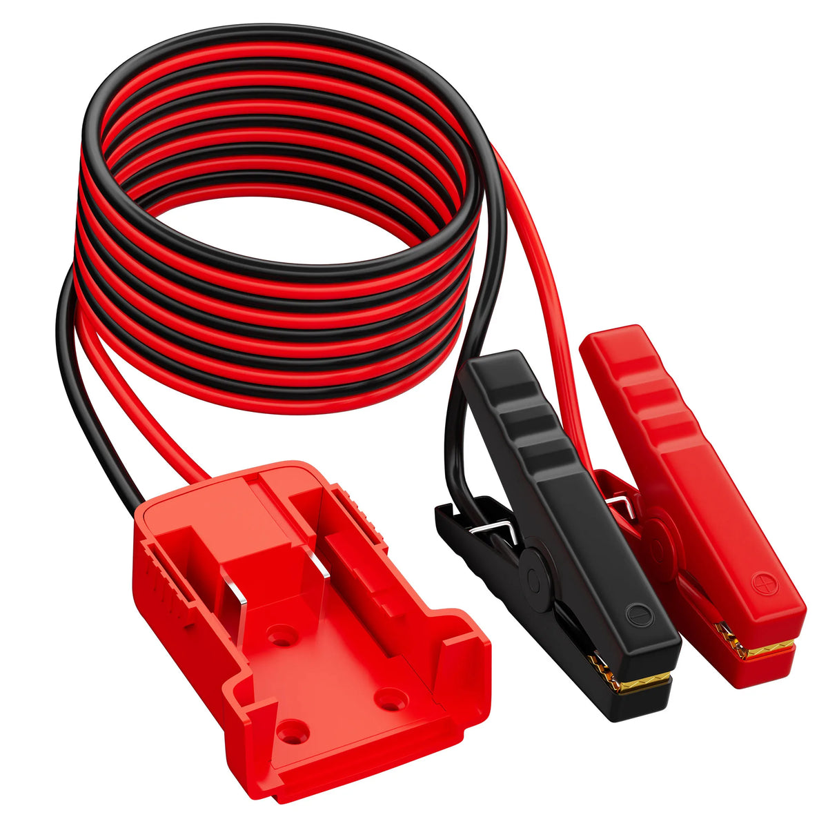 A coil of red and black jumper cable with two red clamps attached.