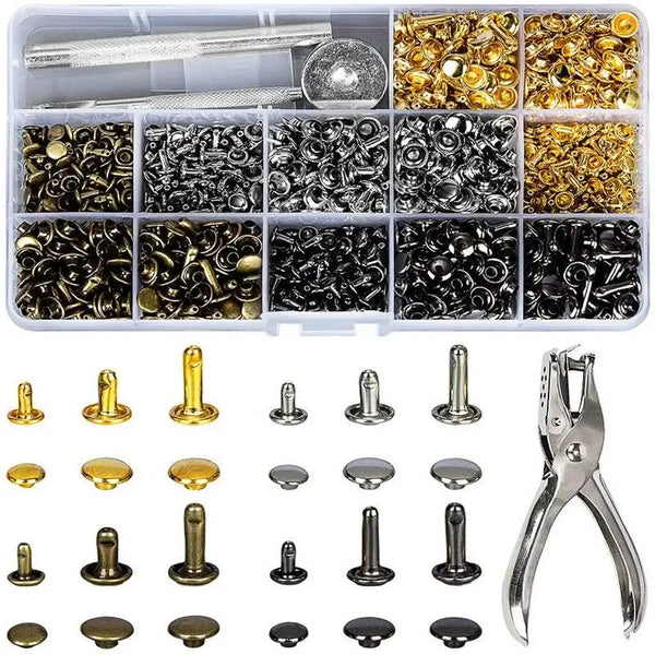 A collection of precision metal rivets, including various sizes and finishes, for leather and fabric repair.