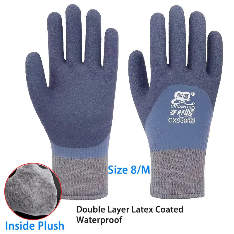 A pair of blue winter thermal waterproof work gloves shown with an inset of the plush inner lining.