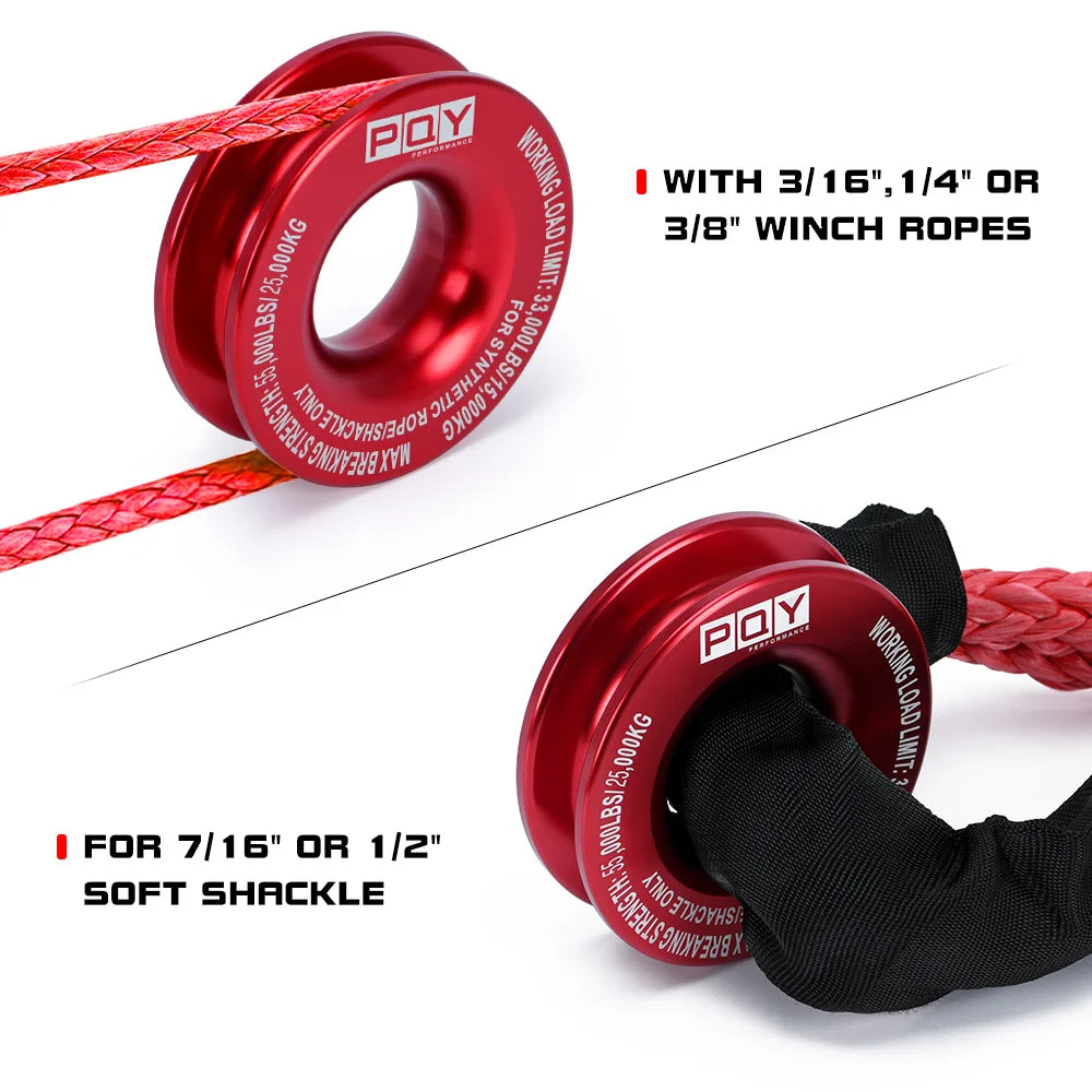 Red heavy duty synthetic recovery shackle with a winch and soft shackle for towing