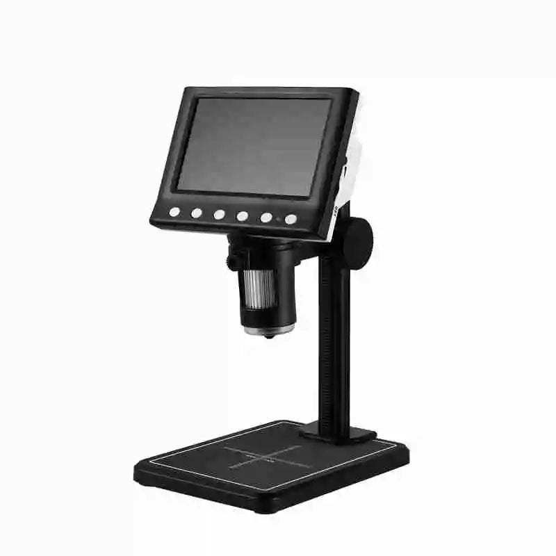 Microscopio digital negro con ocular y base para inspección.