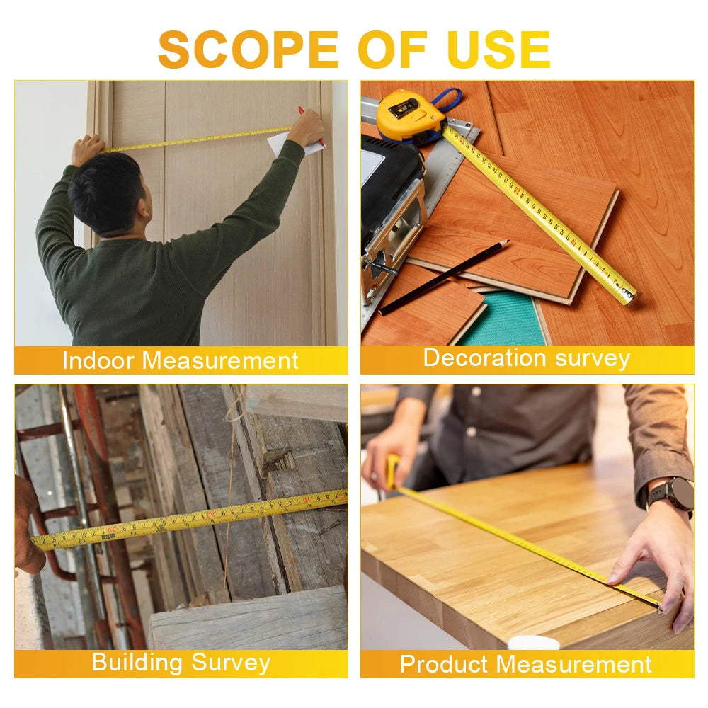 A set of yellow retractable measuring tapes used for indoor, building, and product measurements.