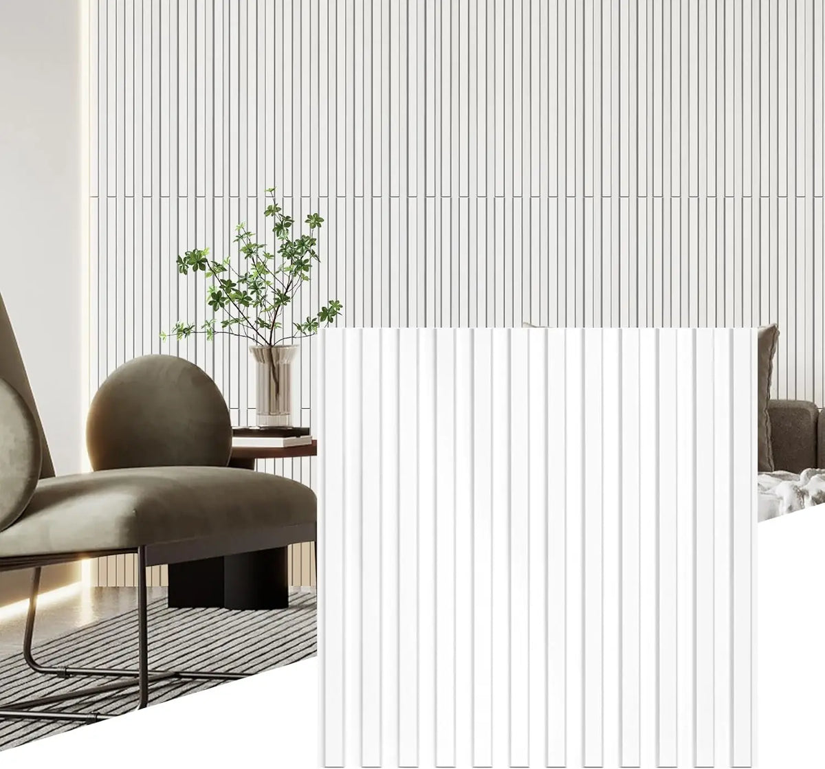 White fluted PVC wall panels used as interior decor in a modern room with a chair and plant.