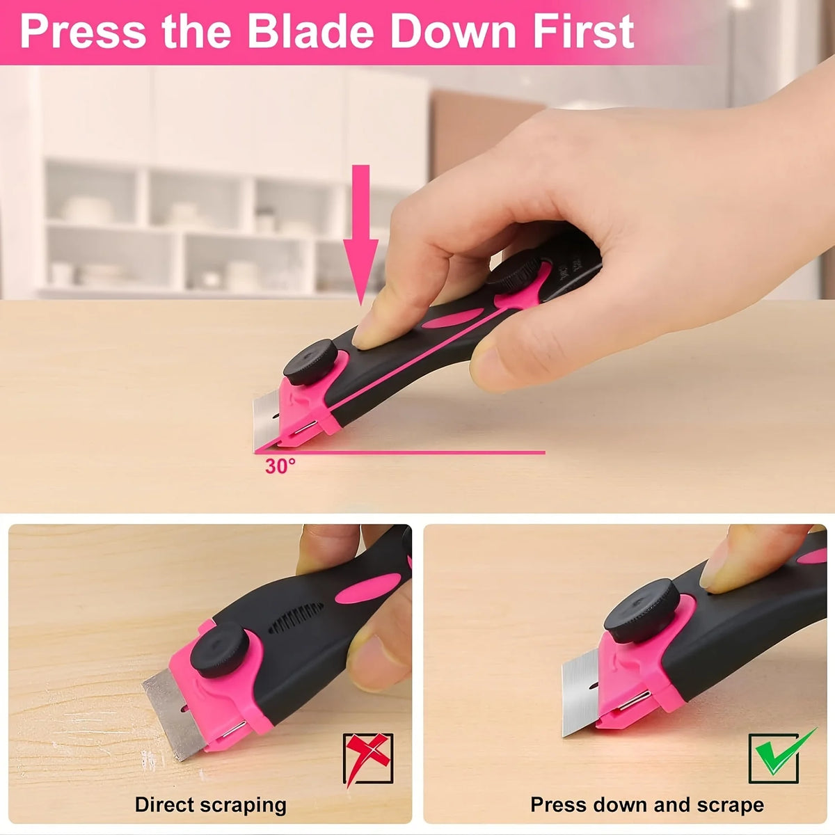 A hand demonstrates pressing a blade down first on a silicone adhesive removal scraper set for glass and labels.