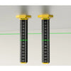 A yellow precision ceiling leveling tool with a black graduated rod and a green reference line.