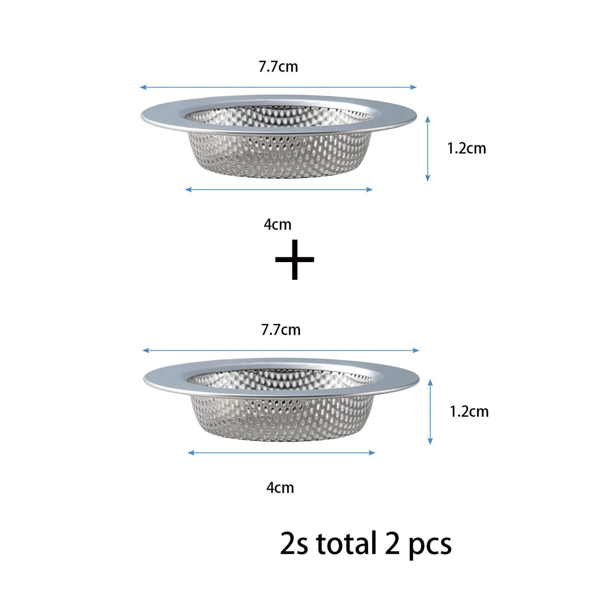 Dos coladores de desagüe para fregadero de acero inoxidable, con dimensiones de 7.7cm x 4cm y una profundidad de 1.2cm