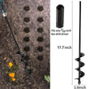A heavy-duty spiral garden auger drill bit is shown next to a drill driver and its dimensions.