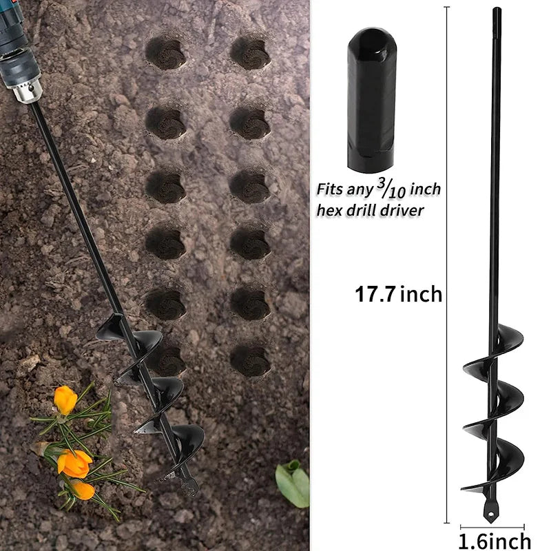 A heavy-duty spiral garden auger drill bit is shown next to a drill driver and its dimensions.