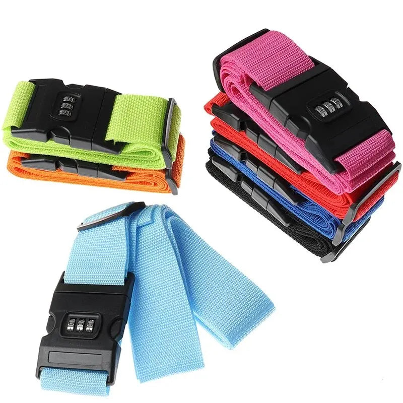 A stack of colorful adjustable luggage straps, including black, pink, green, and orange, and a light blue strap with a buckle