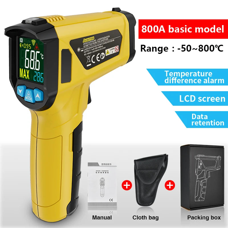 Termómetro digital infrarrojo amarillo con pantalla LCD y accesorios junto a una caja de embalaje.