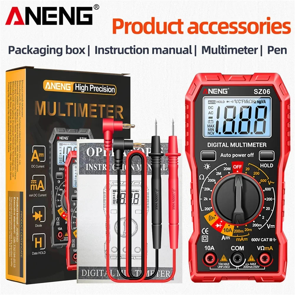 A box and components for a NENG high precision digital multimeter in red and black.