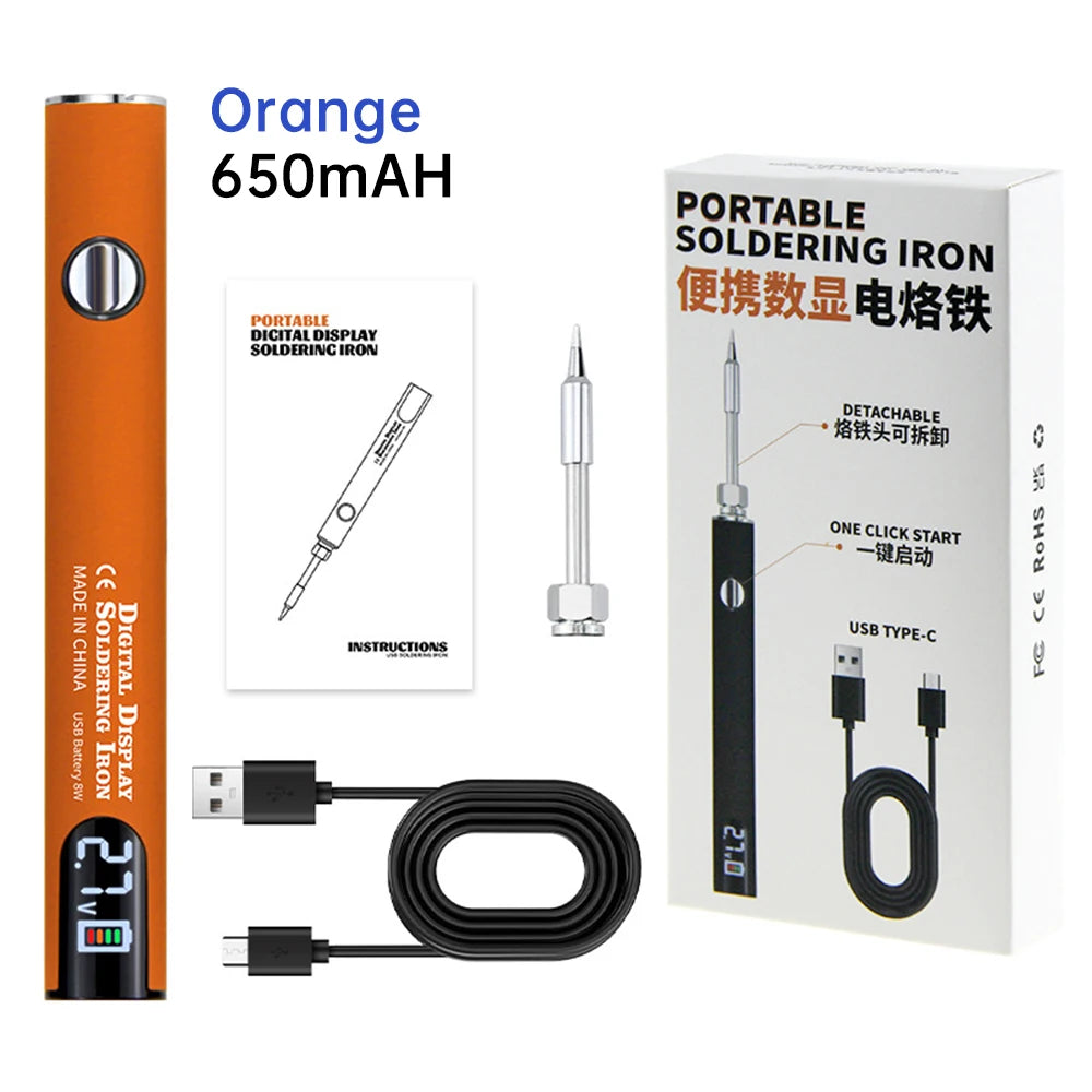 Fer à souder portable orange 650mAh avec câble USB Type-C et boîte d'instructions