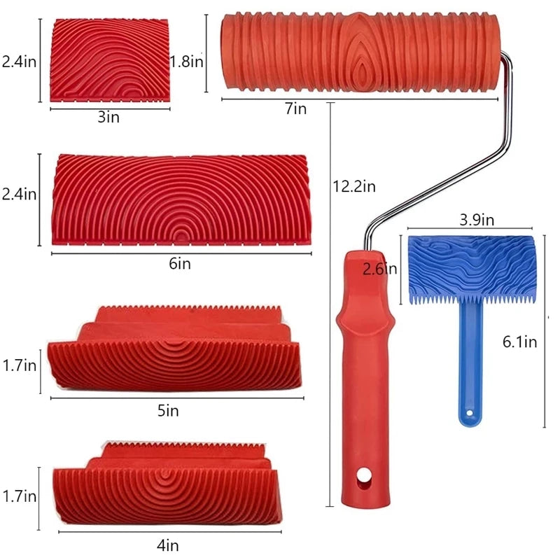 A set of red wood grain texture painting tools, including a long roller and various sized paint applicators.