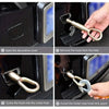 Step-by-step guide showing how to install a trailer rope hook on a car using a screwdriver and pliers.