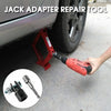 A hand is using an orange power tool to repair a jack adapter on a car tire.
