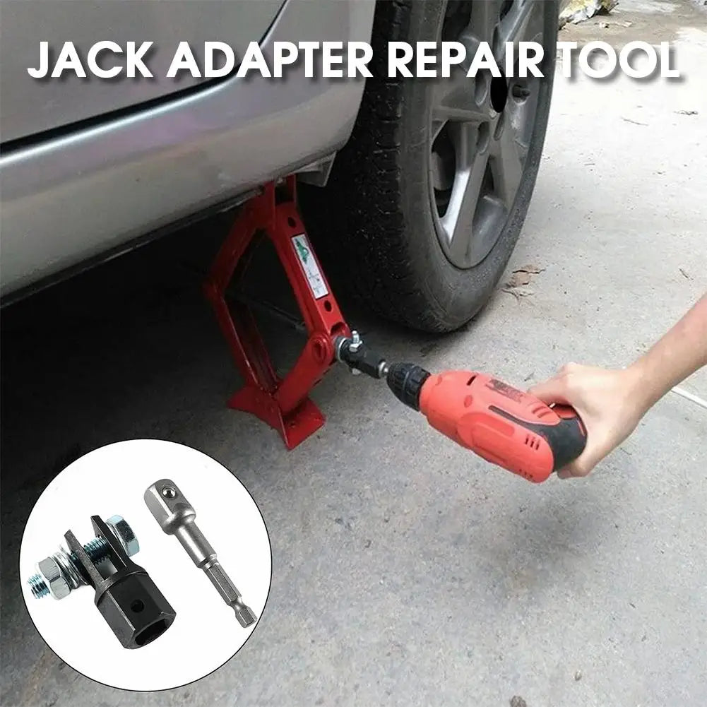 A hand is using an orange power tool to repair a jack adapter on a car tire.